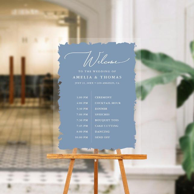 Señal Acrílica Elegante Boda Dusty Blue Bienvenida y Cronología (Welcome your guests with our elegant acrylic sign that greets them and displays your event timeline.)