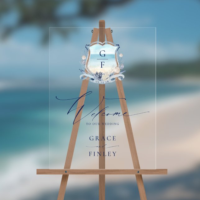 Señal Acrílica Elegante Boda Escudo de acuarela de playa Monogram (Subido por el creador)