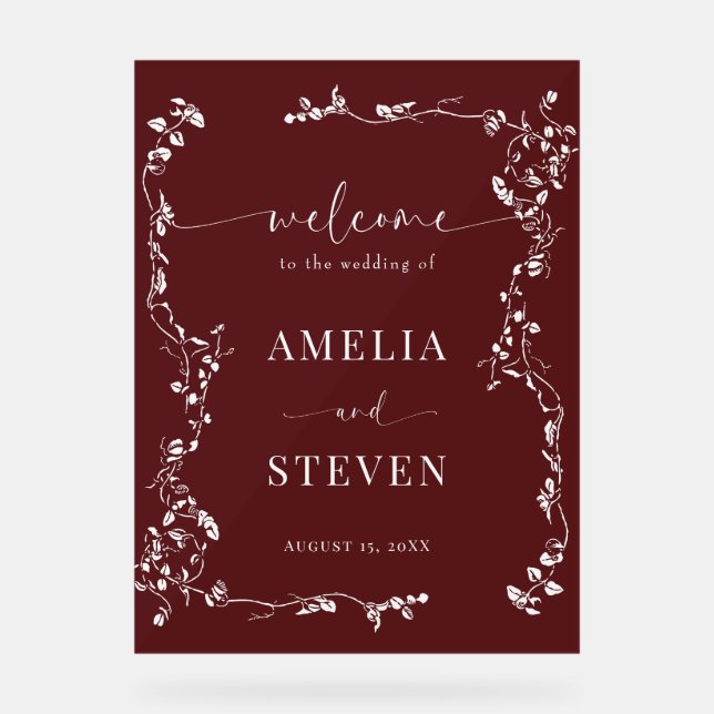 Señal Acrílica Elegante Boda Floral Leaf Classic (Anverso)