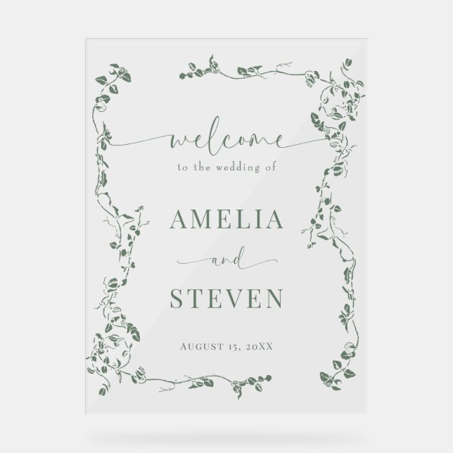 Señal Acrílica Elegante Boda Floral Leaf Classic (Anverso)