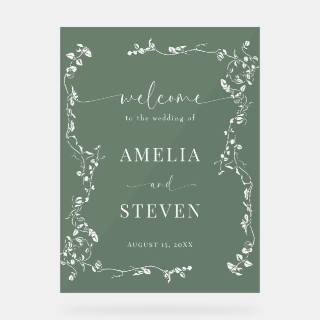 Señal Acrílica Elegante Boda Floral Leaf Classic (Anverso)