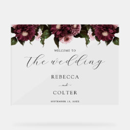 Señal Acrílica Elegante Boda floral negro de Borgoña