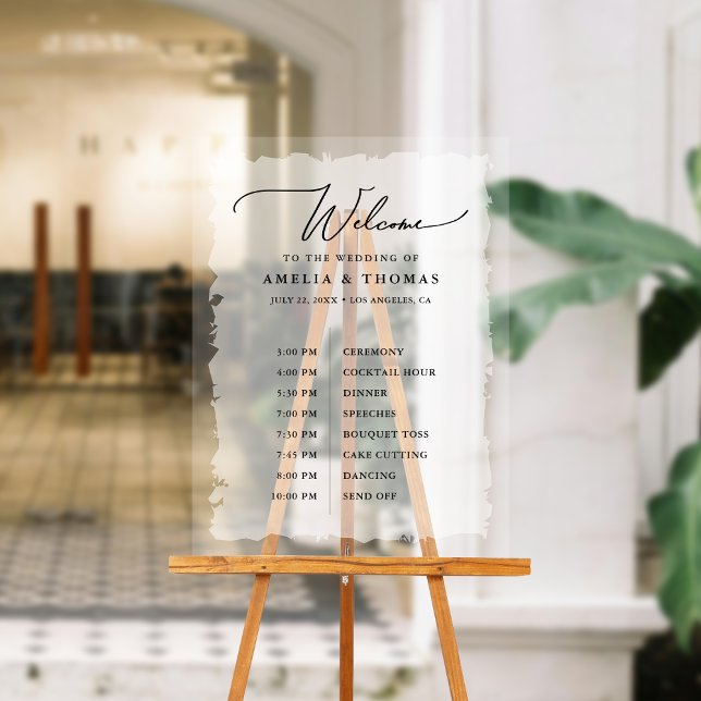 Señal Acrílica Elegante Boda Negro | Bienvenida blanca y cronolog (Welcome your guests with our elegant acrylic sign that greets them and displays your event timeline.)