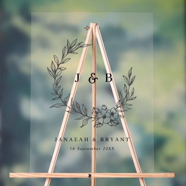 Señal Acrílica Elegante Boda negro con guirnaldas florales (Neutral )