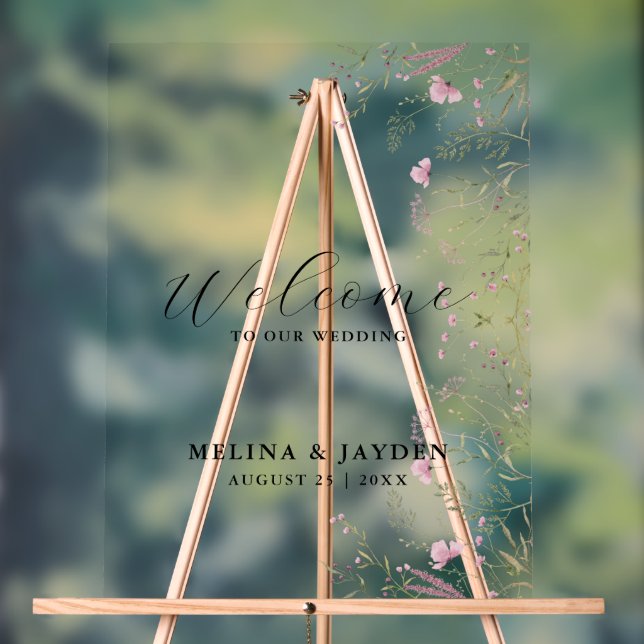 Señal Acrílica Elegante Boda Pink Wild Floral Simple Bienvenida (Neutral )