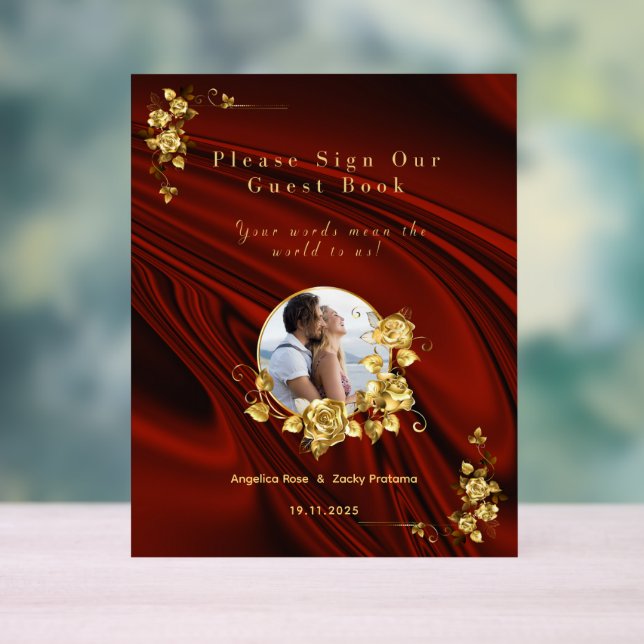 Señal Acrílica Elegante Boda rojo y oro personalizado (Neutral )