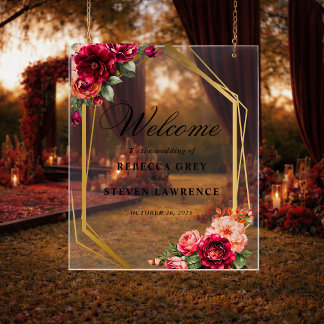 Señal Acrílica Elegante boda romántica floral roja y oscura