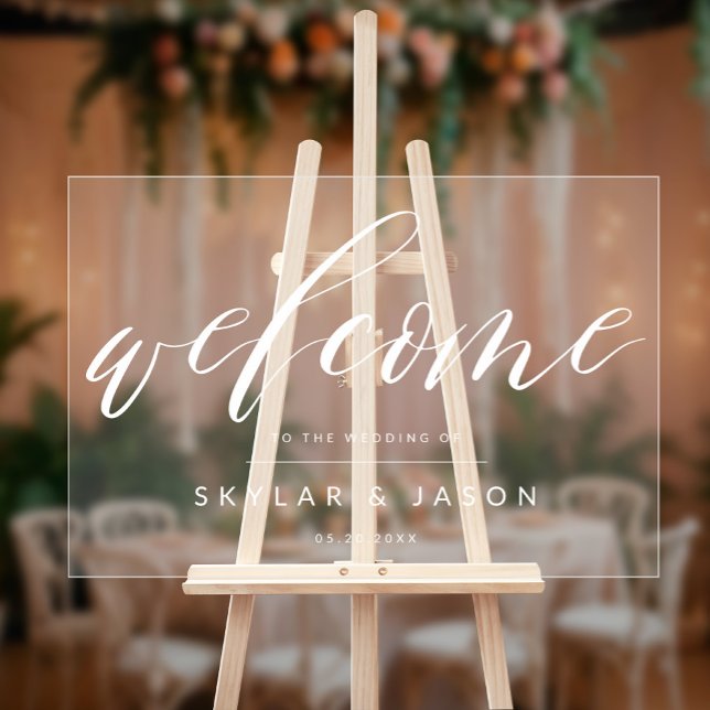 Señal Acrílica Elegante caligrafía guión Boda de bienvenida blanc (Elegant Calligraphy Script White Welcome Wedding Acrylic Sign)