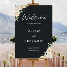 Elegante cartel de bienvenida de boda floral negro