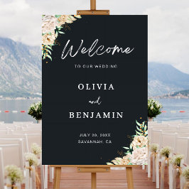 Señal Acrílica Elegante cartel de bienvenida de boda floral negro