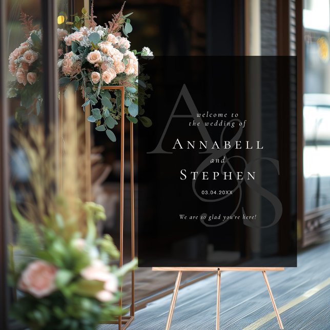 Señal Acrílica Elegante, clásico, monograma, negro, Boda (Elegant, Classic, Monogram, Black, Wedding Acrylic Sign with your name and date)