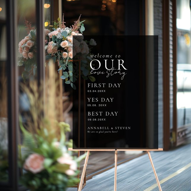 Señal Acrílica Elegante, clásico, negro, bienvenido a nuestra his (Elegant, Classic, WELCOME TO OUR LOVE STORY Acrylic Sign with your name and date.)