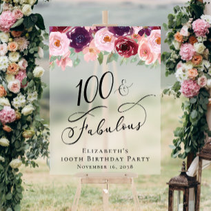 Señal Acrílica Elegante Cumpleaños 100 Años Fiesta Escarcha Flora