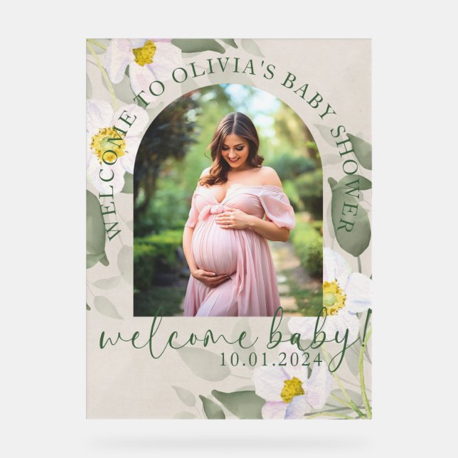 Señal Acrílica Elegante ducha verde floral de bebé Rótulo acrílic (Anverso)