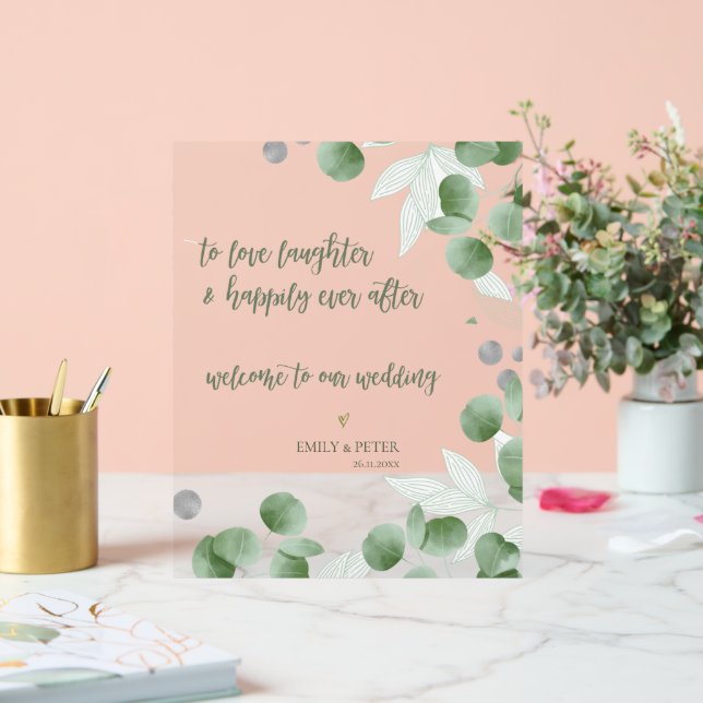 Señal Acrílica Elegante Escritura de Eucalipto  Bienvenidos a Nue (Boda)