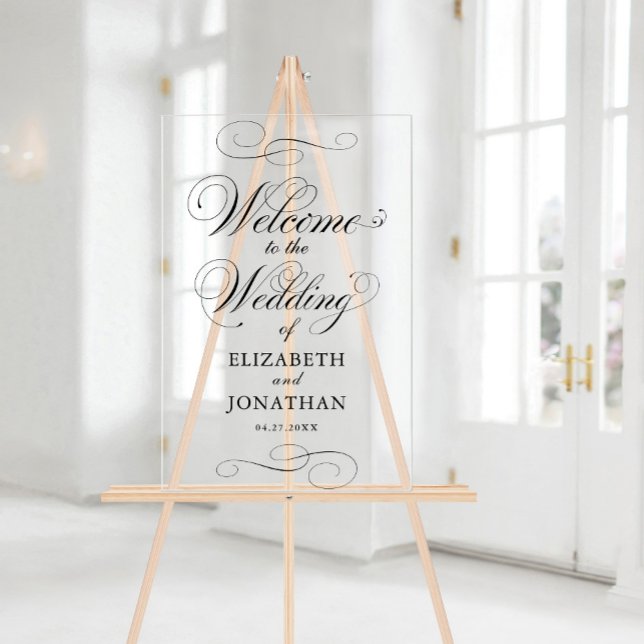 Señal Acrílica Elegante escritura formal Boda negro bienvenida (Elegant Formal Script Black Wedding Welcome Acrylic Sign)