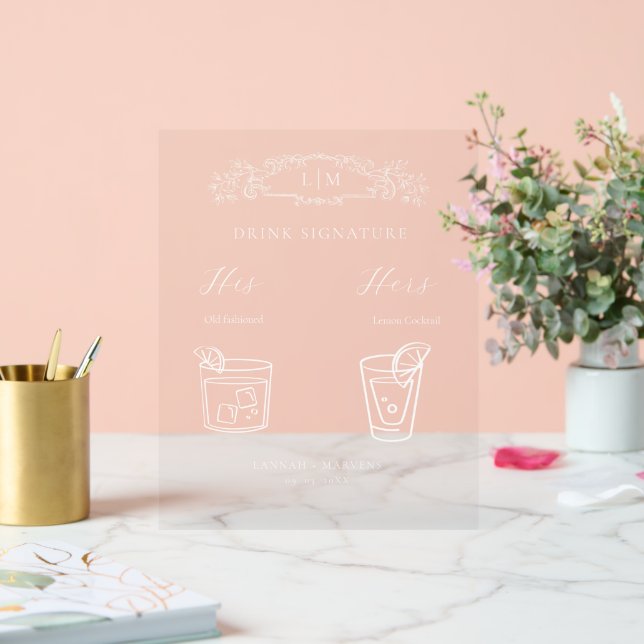 Señal Acrílica Elegante escudo botánico monograma Firma Bebida (Boda)