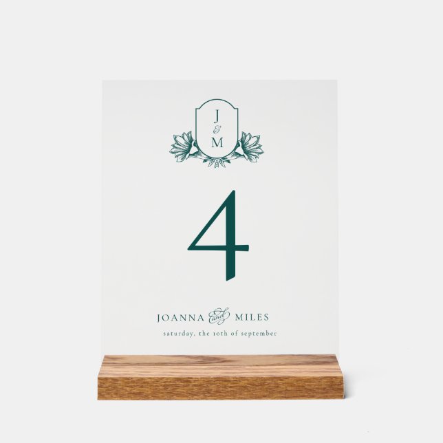 Señal Acrílica Elegante Escudo de Monograma Verde azulado oscuro (Anverso)