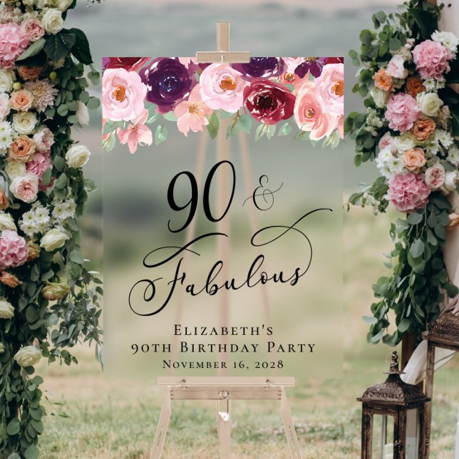 Señal Acrílica Elegante Fiesta de Cumpleaños 90 con Flores Bienve (Subido por el creador)