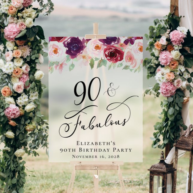 Señal Acrílica Elegante fiesta de cumpleaños 90 floral bienvenida (Subido por el creador)