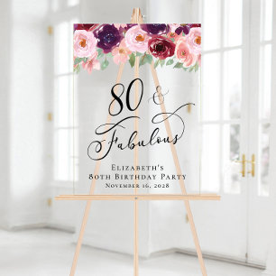 Señal Acrílica Elegante fiesta de cumpleaños número 80 de Floral 
