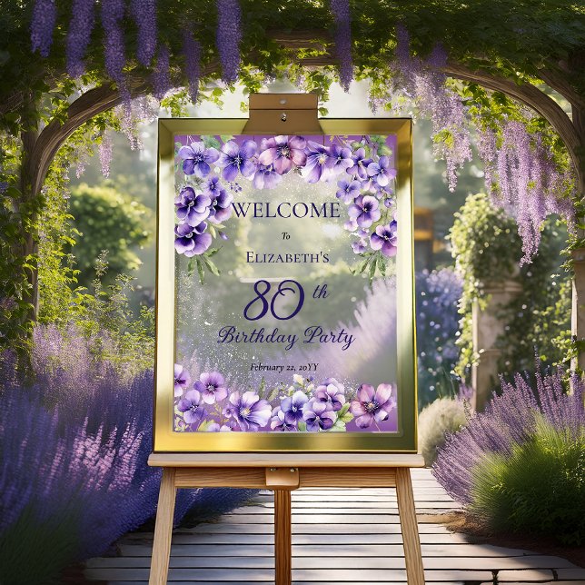 Señal Acrílica Elegante fiesta de cumpleaños número 80 de las vio (Elegant Purple Violets Floral 80th Birthday Party Acrylic Sign)