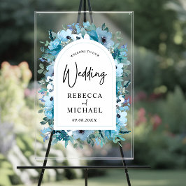 Señal Acrílica Elegante flor azul polvoriento y blanco boda bienv