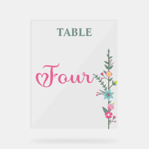 Señal Acrílica Elegante Floral Amor Boda Número de Mesa CUATRO