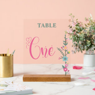 Señal Acrílica Elegante Floral Amor Número de Mesa de Boda UNO