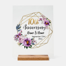 Señal Acrílica Elegante Floral de Oro 10 Años de Aniversario 
