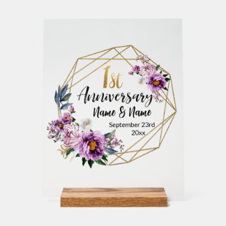 Señal Acrílica Elegante Floral de Oro 1er Aniversario