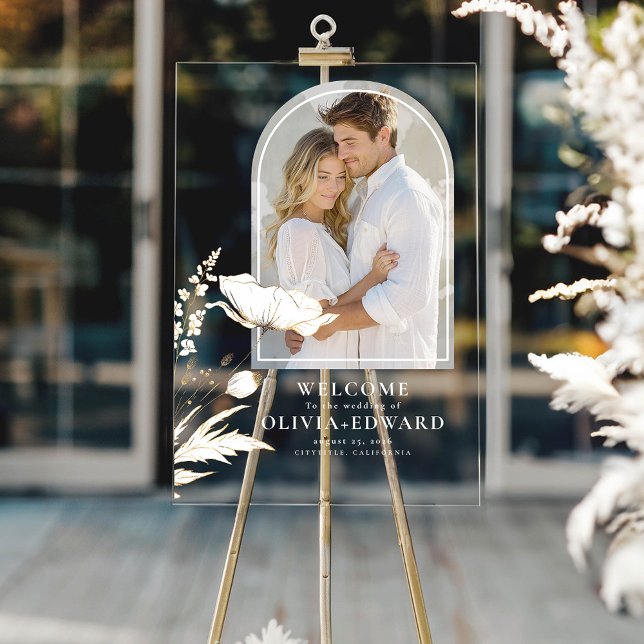 Señal Acrílica Elegante foto arca y bienvenida Boda de flores sil (Wildflowers and Arch Photo Elegant Transparent Wedding Welcome Sign)