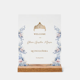 Señal Acrílica Elegante Gold Tiara Blue Floral Quinceañera