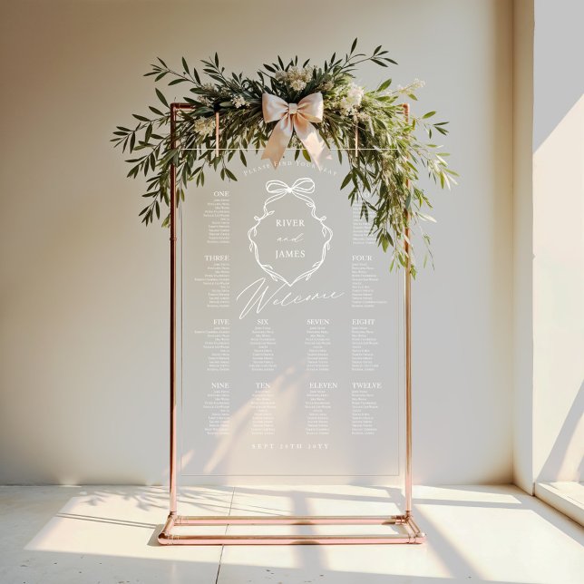 Señal Acrílica Elegante gráfico de asientos Boda de Escudo de Bow (Elegant Bow & Ribbon Crest Wedding Seating Chart)