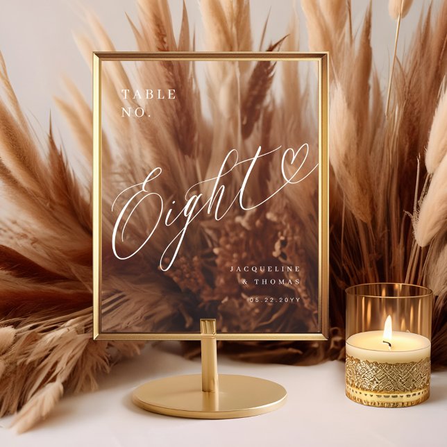 Señal Acrílica Elegante guión Boda de corazón número ocho (Elegant Script Heart Wedding Table Number Eight Acrylic Sign)