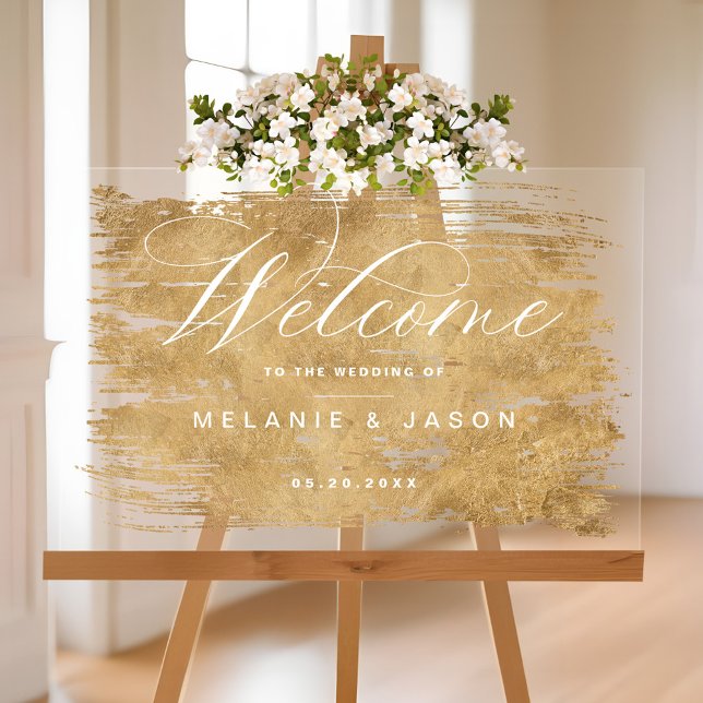 Señal Acrílica Elegante guión Faux Gold Cepillado Boda de bienven (Elegant Script Faux Gold Brushed Welcome Wedding Acrylic Sign)