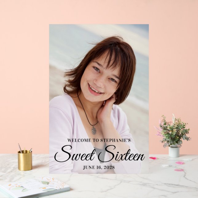 Señal Acrílica Elegante guión negro dulce dieciséis fotos (Boda)