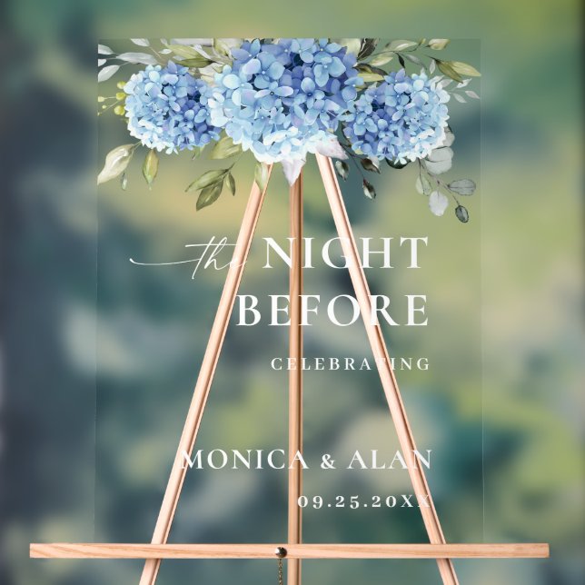 Señal Acrílica Elegante Hydrangea Azul Eucalyptus REHEARSAL DINNE (Neutral )
