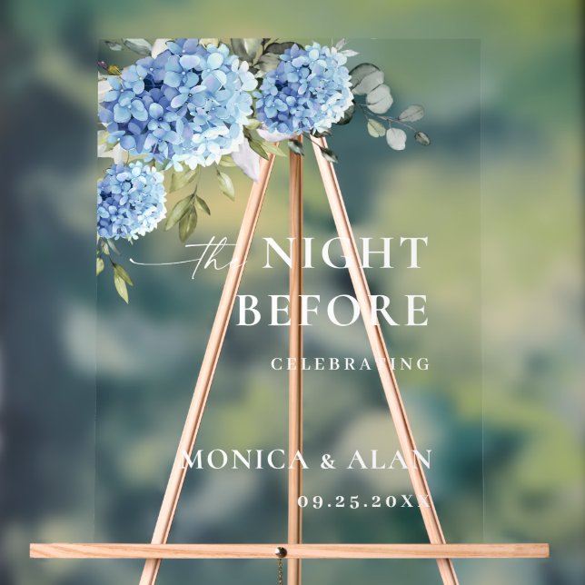 Señal Acrílica Elegante Hydrangea Azul Eucalyptus REHEARSAL DINNE (Neutral )