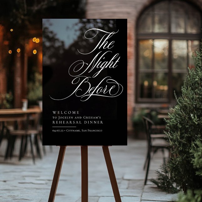 Señal Acrílica Elegante La Noche Antes De La Cena De Ensayos (Black Rehearsal Dinner Welcome Sign)