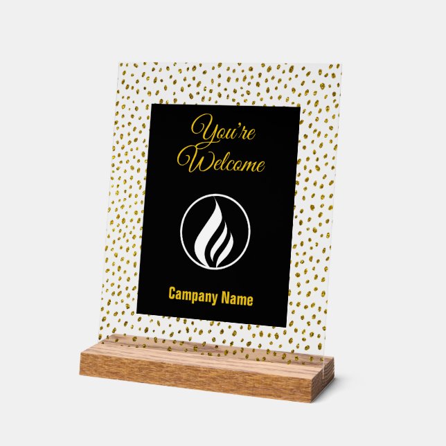 Señal Acrílica Elegante logo personalizado puntos dorados negro (Ángulo)