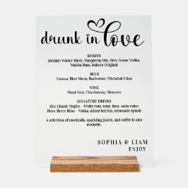 Señal Acrílica Elegante Menú de Boda Ebrios de Amor en Blanco y N