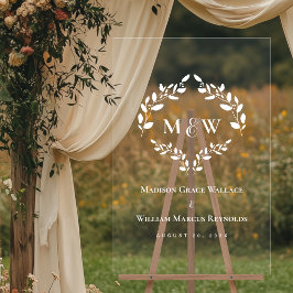 Señal Acrílica Elegante Monograma Iniciales Wreath Boda Escudo
