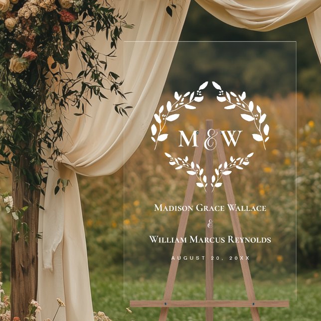 Señal Acrílica Elegante Monograma Iniciales Wreath Boda Escudo (Luxury Acrylic transparent wedding crest monogram sign)