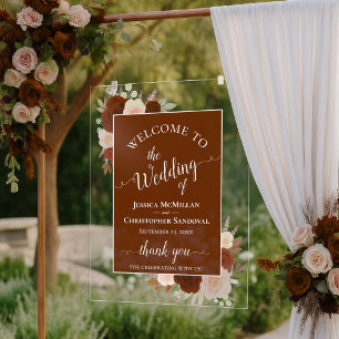 Señal Acrílica Elegante Naranja Óxido Boho Rosas Boda Bienvenida