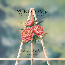 Señal Acrílica Elegante Naranja Peony Bouquet Boda signo de bienv