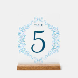 Señal Acrílica Elegante número de mesa de Boda Floral y azul Bow