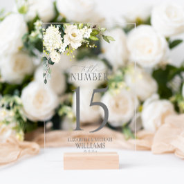 Señal Acrílica Elegante número de mesa de flores verde gris blanc