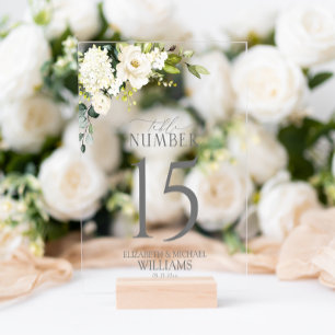 Señal Acrílica Elegante número de mesa de flores verde gris blanc