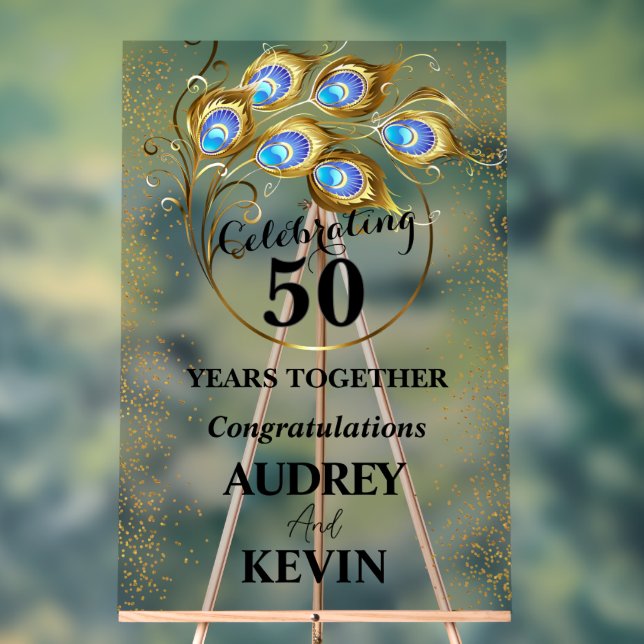 Señal Acrílica Elegante Peacock Feathers 50 Aniversario (Neutral )